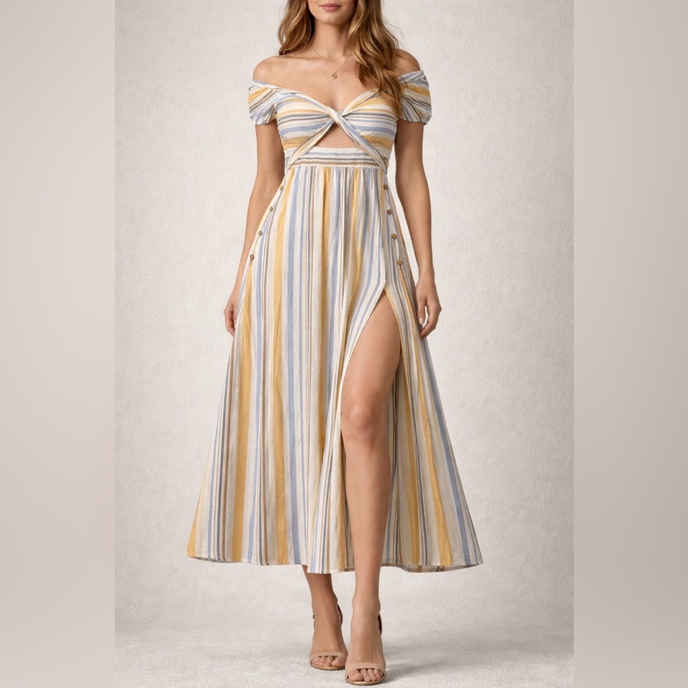 CHICWAYS Striped Off-Shoulder Maxi Dress Ruffle Sleeve Long S